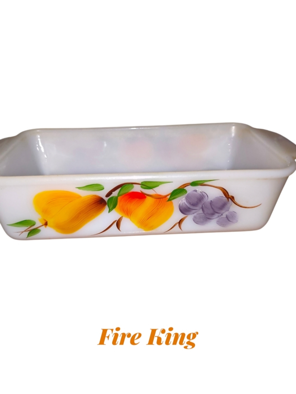Fire King Milk Glass Loaf Pan with Hand-Painted Fruit